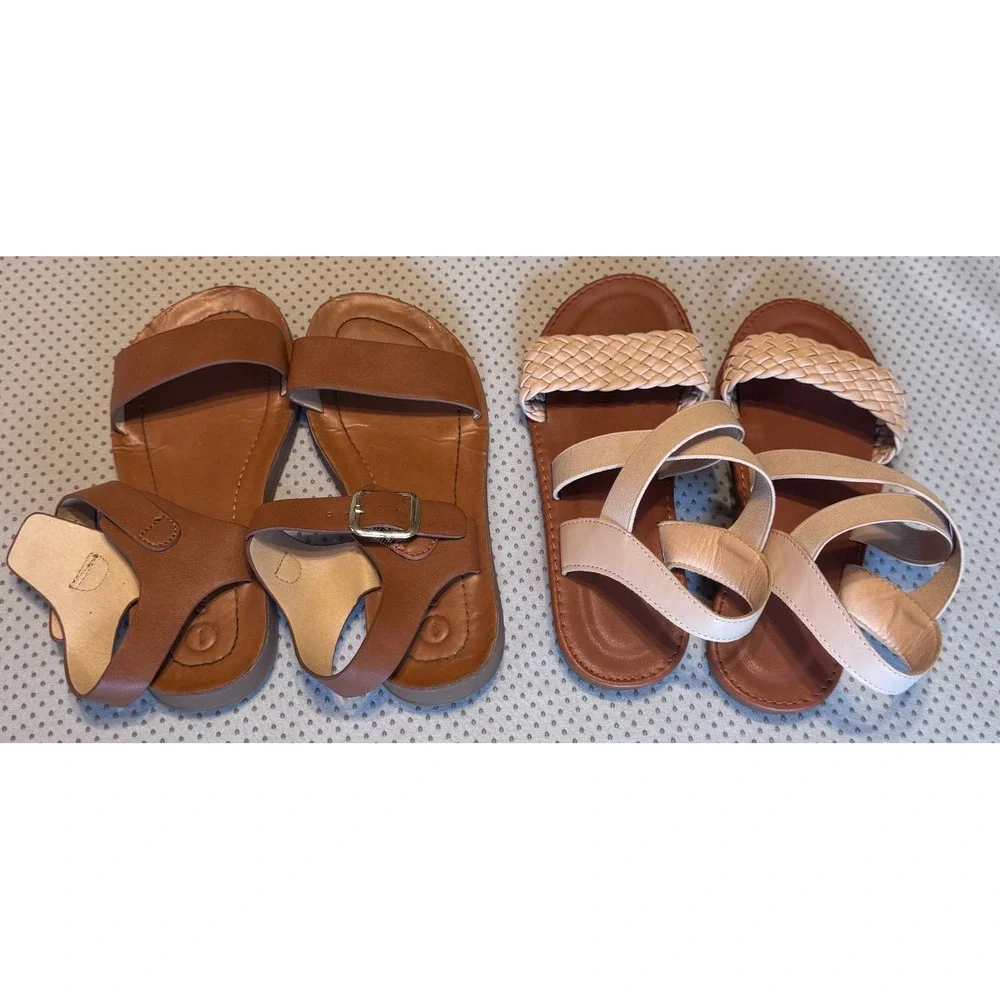 Girls Sandals Bundle Brown Buckle Strappy & Tan Braided Elastic Size 1 / 34